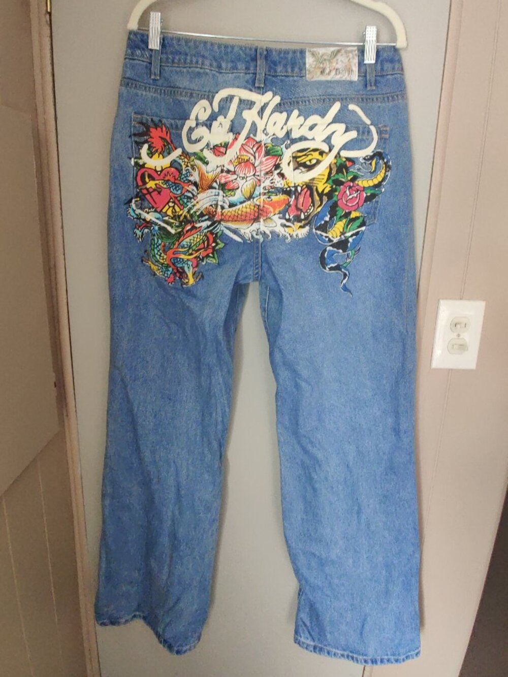 Ed Hardy Wide Leg Jeans With Tattoo Detail